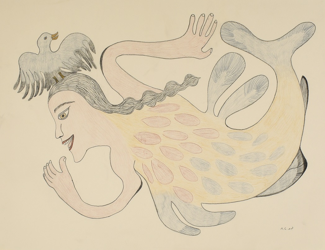 Pitaloosie Original Drawing - Sedna with Seabird - Inuit Artists