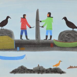 Kingmeata Etidlooie Original Painting (People Carving Obelisk & Birds)