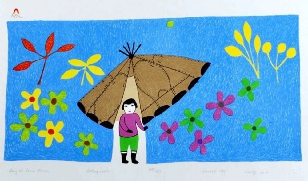 Inuit print by Lucy Qinnuayuak, Boy at Home Alone